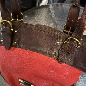 Valentina Red and Brown Shoulder Bag with Gold Accents